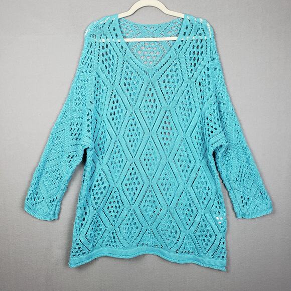 Diamond Knit V-Neck Tunic Sweater Aqua Blue See Thru Beach Layer Mermaidcore 2XL - Picture 1 of 5